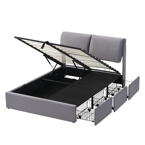 Lit Double, Lit coffre 140x190 Cm Avec 3 Tiroirs, Tête De Lit, Velours Gris