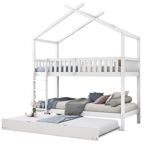 Lit Superposé Lit Gigogne 90x200 Cm Avec Échelle Et Barrière De Sécurité, Bois Blanc
