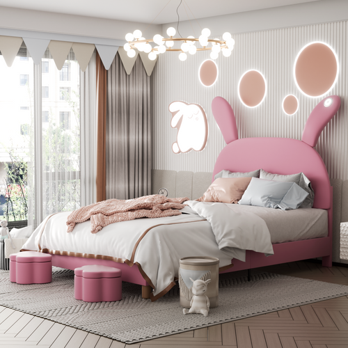 Lit Double 140x200 Cm Avec 2 Banc Coffre, Tête De Lit LED En Forme D'oreilles De Lapin, Rose Velours