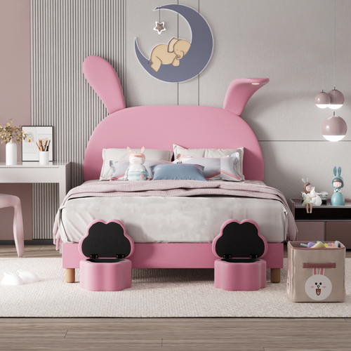 Lit Double 140x200 Cm Avec 2 Banc Coffre, Tête De Lit LED En Forme D'oreilles De Lapin, Rose Velours