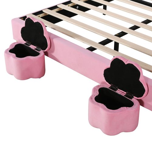 Lit Double 140x200 Cm Avec 2 Banc Coffre, Tête De Lit LED En Forme D'oreilles De Lapin, Rose Velours