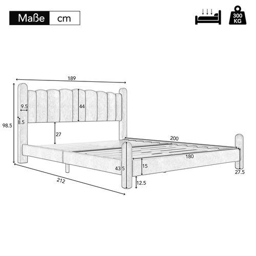 Lit Adulte 180x200 Cm Avec Sommier Renforcé Et Tête De Lit, Velours Beige