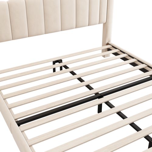 Lit Adulte 180x200 Cm Avec Sommier Renforcé Et Tête De Lit, Velours Beige