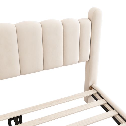 Lit Adulte 180x200 Cm Avec Sommier Renforcé Et Tête De Lit, Velours Beige