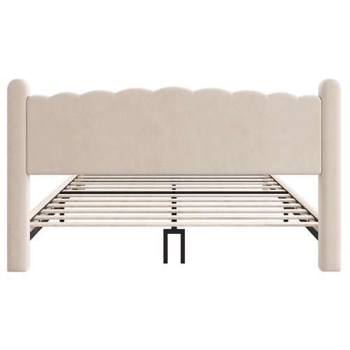 Lit Adulte 180x200 Cm Avec Sommier Renforcé Et Tête De Lit, Velours Beige