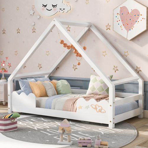 Lit Cabane Lit Enfant, 90 X 200 Cm Avec Protection Anti-chute, Finition Bois Blanc