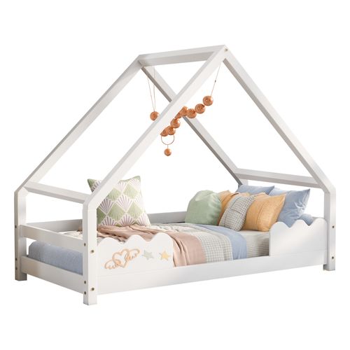 Lit Cabane Lit Enfant, 90 X 200 Cm Avec Protection Anti-chute, Finition Bois Blanc