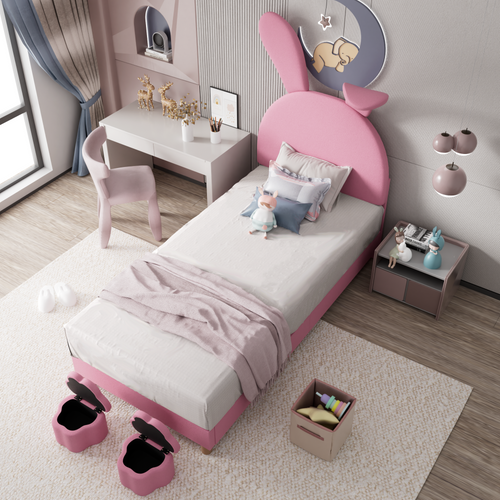 Lit Enfant 90x200 Cm Avec 2 Banc Coffre, Tête De Lit LED En Forme D'oreilles De Lapin, Rose Velours