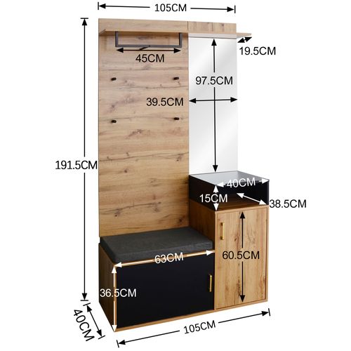 Meuble D'entrée 4 Patères, 1 Miroir, 1 Meuble à Chaussures, 1 Porte-manteau Et 1 Banc, Mdf Noir