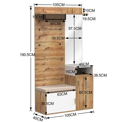 Meuble D'entrée 4 Patères, 1 Miroir, 1 Meuble à Chaussures, 1 Porte-manteau Et 1 Banc, Mdf Blanc