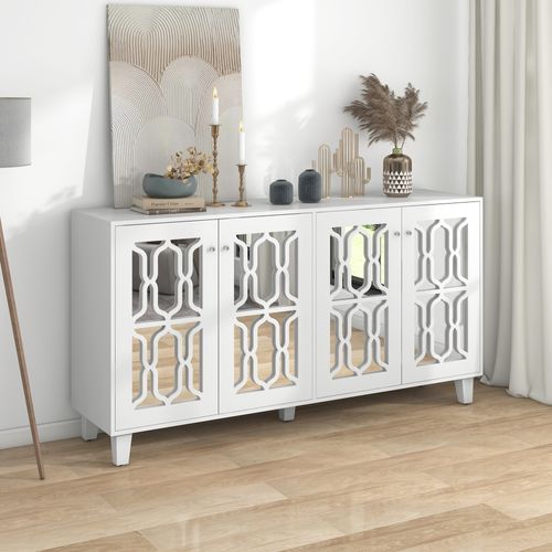 Buffet Moderne 160x 40x84 Cm Avec 4 Portes Et Poignées En Cristal, Étagères Réglables, Mdf Blanc