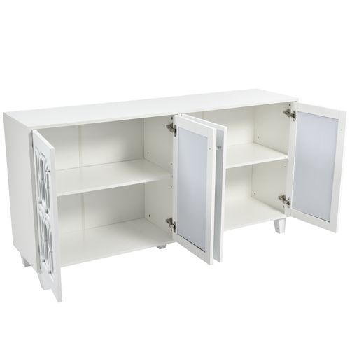 Buffet Moderne 160x 40x84 Cm Avec 4 Portes Et Poignées En Cristal, Étagères Réglables, Mdf Blanc