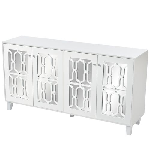 Buffet Moderne 160x 40x84 Cm Avec 4 Portes Et Poignées En Cristal, Étagères Réglables, Mdf Blanc