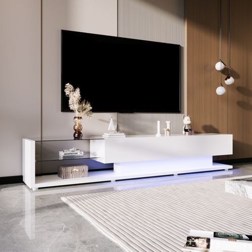 Meuble TV Bas à Poser 170x36x38 Cm Plateau Et Étagères En Verre, 2 Tiroirs, LED, Blanc