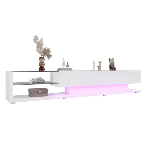 Meuble TV Bas à Poser 170x36x38 Cm Plateau Et Étagères En Verre, 2 Tiroirs, LED, Blanc