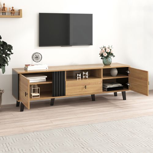 Meuble TV Bas à Poser 170x40x50,5 Cm Avec 2 Portes, 1 Tiroir, 1 Niche, Aggloméré Noir Et Bois