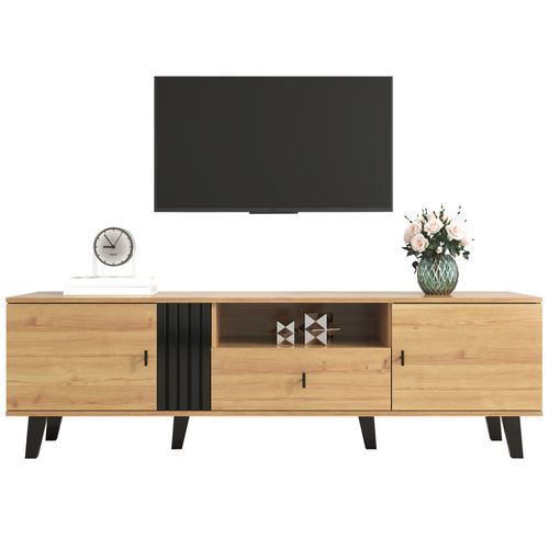 Meuble TV Bas à Poser 170x40x50,5 Cm Avec 2 Portes, 1 Tiroir, 1 Niche, Aggloméré Noir Et Bois