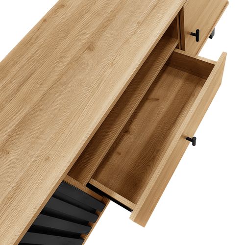 Meuble TV Bas à Poser 170x40x50,5 Cm Avec 2 Portes, 1 Tiroir, 1 Niche, Aggloméré Noir Et Bois