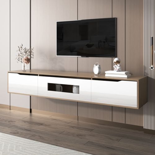 Meuble TV Bas à Accrocher 180x35x30 Cm Avec LED Et 3 Abattante Portes, Blanc Et Aggloméré Effet Bois