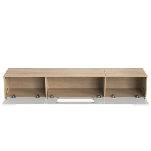 Meuble TV Bas à Accrocher 180x35x30 Cm Avec LED Et 3 Abattante Portes, Blanc Et Aggloméré Effet Bois