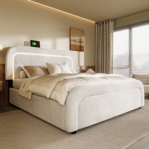 Lit 160x200cm, Lit 2 Places, Lit Adulte, 4 Tiroirs, Sommier, LED, Tête De Lit, USB, Sherpa, Blanc