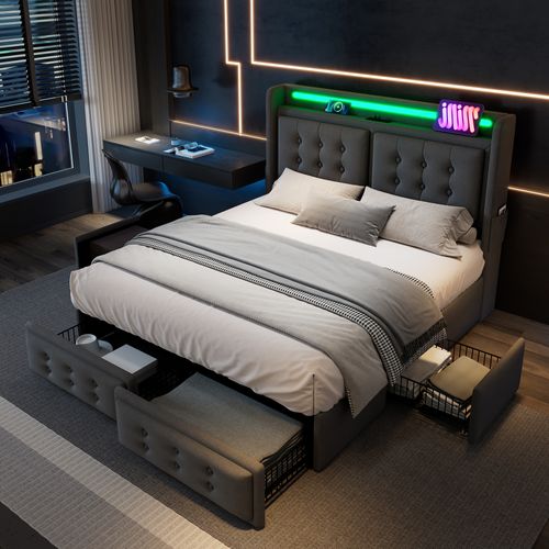 Lit 140x200cm, Lit Double, Lit Adulte, 4 Tiroirs, LED, Poches, USB, Moderne, Coton Et Lin, Gris