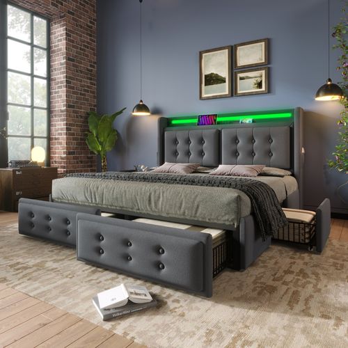 Lit 140x200cm, Lit Double, Lit Adulte, 4 Tiroirs, LED, Poches, USB, Moderne, Coton Et Lin, Gris