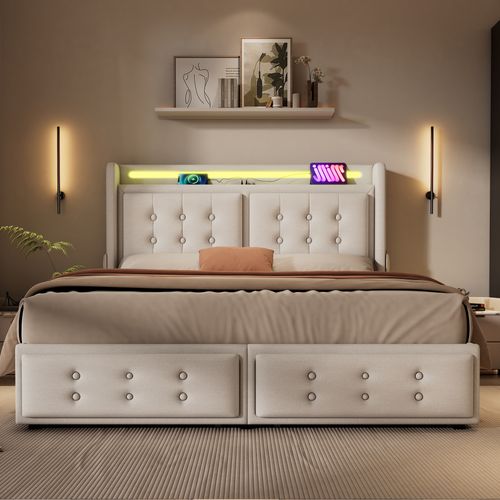 Lit 160x200cm, Lit Double, Lit Adulte, 4 Tiroirs, LED, Poches, USB, Moderne, Coton Et Lin, Beige