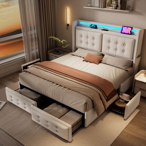 Lit 160x200cm, Lit Double, Lit Adulte, 4 Tiroirs, LED, Poches, USB, Moderne, Coton Et Lin, Beige