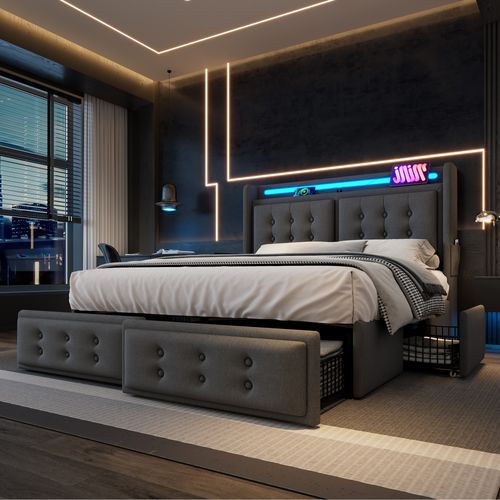 Lit 180x200cm, Lit 2 Places, Lit Adulte, 4 Tiroirs, LED, Poches, USB, Coton Et Lin, Gris