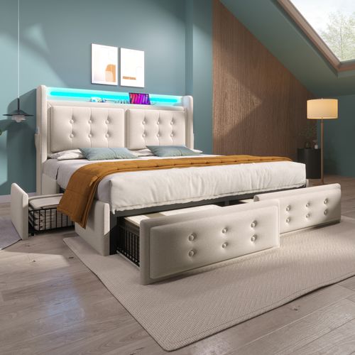 Lit 180x200cm, Lit 2 Places, Lit Adulte, 4 Tiroirs, LED, Poches, USB, Coton Et Lin, Beige