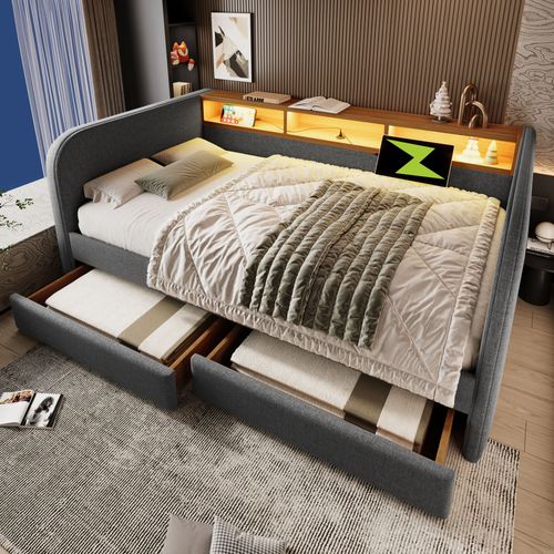 Lit 140x190cm, Lit 2 Places, Lit Adulte, Sommier, 2 Tiroirs, LED, USB, Moderne, Lin, Gris