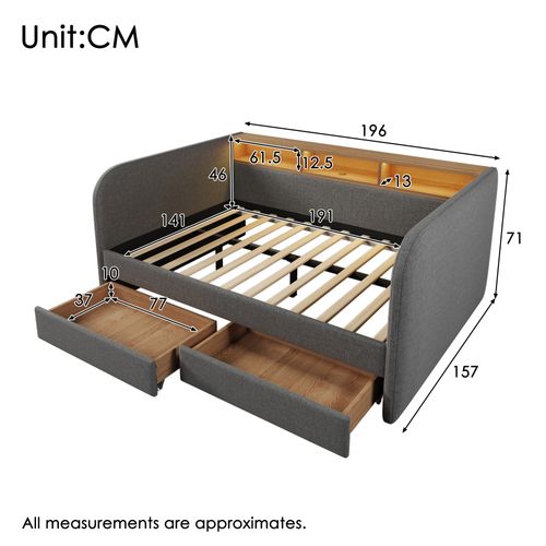 Lit 140x190cm, Lit 2 Places, Lit Adulte, Sommier, 2 Tiroirs, LED, USB, Moderne, Lin, Gris