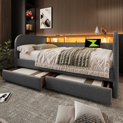 Lit 140x190cm, Lit 2 Places, Lit Adulte, Sommier, 2 Tiroirs, LED, USB, Moderne, Lin, Gris