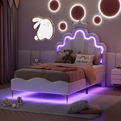 Lit 90x200cm, Lit Enfant, Lit Simple, Tête De Lit Réglable, Sommier, LED, Moderne, Pu, Blanc