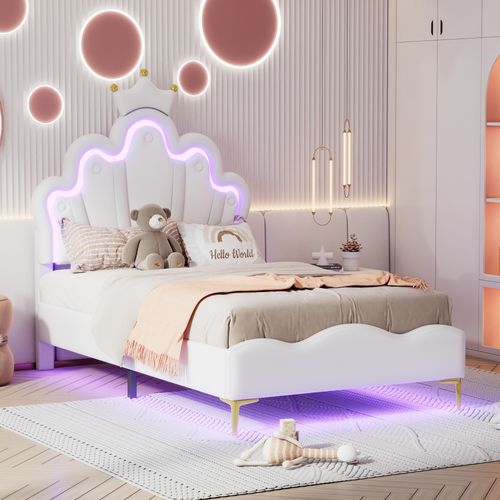 Lit 90x200cm, Lit Enfant, Lit Simple, Tête De Lit Réglable, Sommier, LED, Moderne, Pu, Blanc