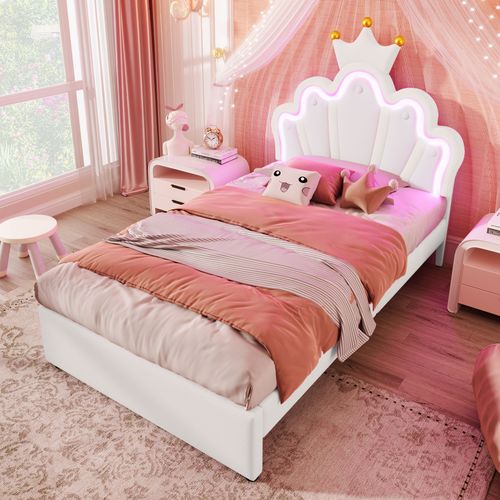 Lit 90x200cm, Lit Enfant, Lit 1 Place, 2 Tiroirs, Sommier, Tête De Lit Réglable, LED, Pu, Blanc