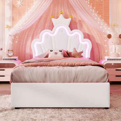 Lit 90x200cm, Lit Enfant, Lit 1 Place, 2 Tiroirs, Sommier, Tête De Lit Réglable, LED, Pu, Blanc