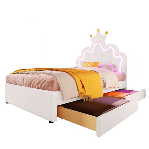 Lit 90x200cm, Lit Enfant, Lit 1 Place, 2 Tiroirs, Sommier, Tête De Lit Réglable, LED, Pu, Blanc