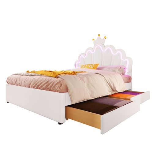 Lit 140x200cm, Lit 2 Places, Moderne, 2 Tiroirs, Sommier, Tête De Lit Réglable, LED, Pu, Blanc