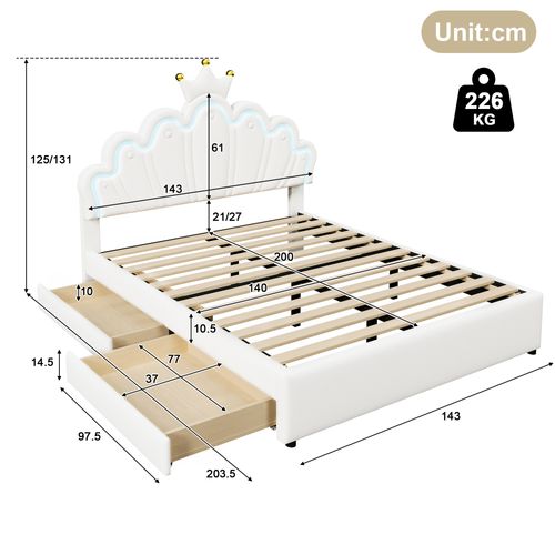 Lit 140x200cm, Lit 2 Places, Moderne, 2 Tiroirs, Sommier, Tête De Lit Réglable, LED, Pu, Blanc
