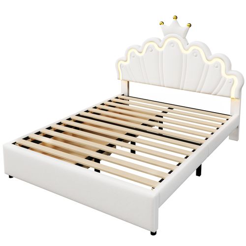 Lit 140x200cm, Lit 2 Places, Moderne, 2 Tiroirs, Sommier, Tête De Lit Réglable, LED, Pu, Blanc