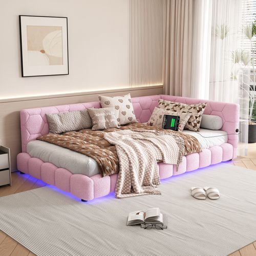 Lit 90x200cm, Lit Enfant, Lit Simple, Sommier, USB, Tête De Lit, LED, Velours, Mdf, Rose