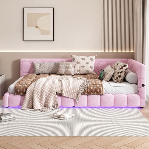 Lit 90x200cm, Lit Enfant, Lit Simple, Sommier, USB, Tête De Lit, LED, Velours, Mdf, Rose