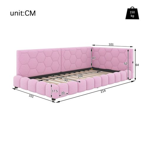 Lit 90x200cm, Lit Enfant, Lit Simple, Sommier, USB, Tête De Lit, LED, Velours, Mdf, Rose