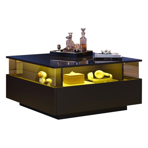 Table Basse 70x70x41cm, Finition Brillant, 2 Tiroirs Spacieux, LED Intelligent, En Pb, Noir