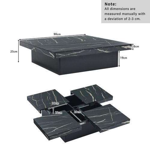 Table Basse Carrée 90x90x25cm, Motif Marbre, 4 Plateaux Coulissants, 4 Compartiments Caché, Pb, Noir