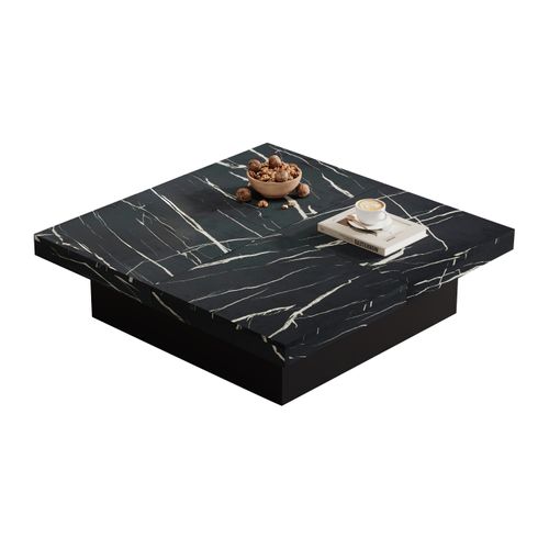 Table Basse Carrée 90x90x25cm, Motif Marbre, 4 Plateaux Coulissants, 4 Compartiments Caché, Pb, Noir