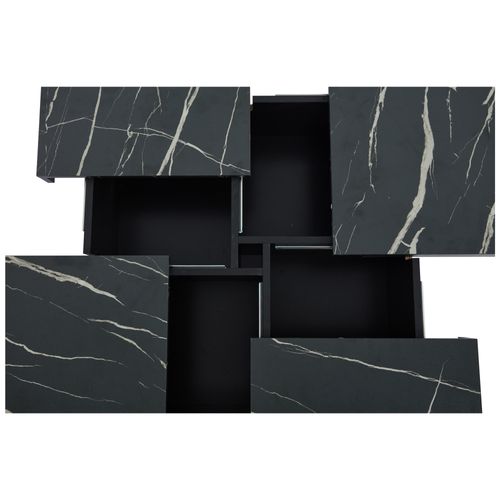 Table Basse Carrée 90x90x25cm, Motif Marbre, 4 Plateaux Coulissants, 4 Compartiments Caché, Pb, Noir