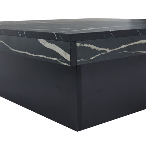 Table Basse Carrée 90x90x25cm, Motif Marbre, 4 Plateaux Coulissants, 4 Compartiments Caché, Pb, Noir